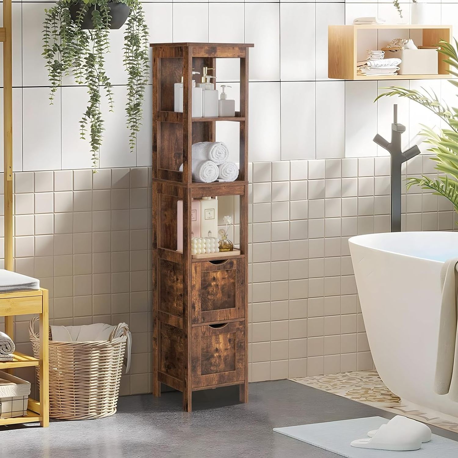 Locker with 2 drawers, wooden bathroom floor cabinet, free-standing linen tower with 3 open shelves,  country brown