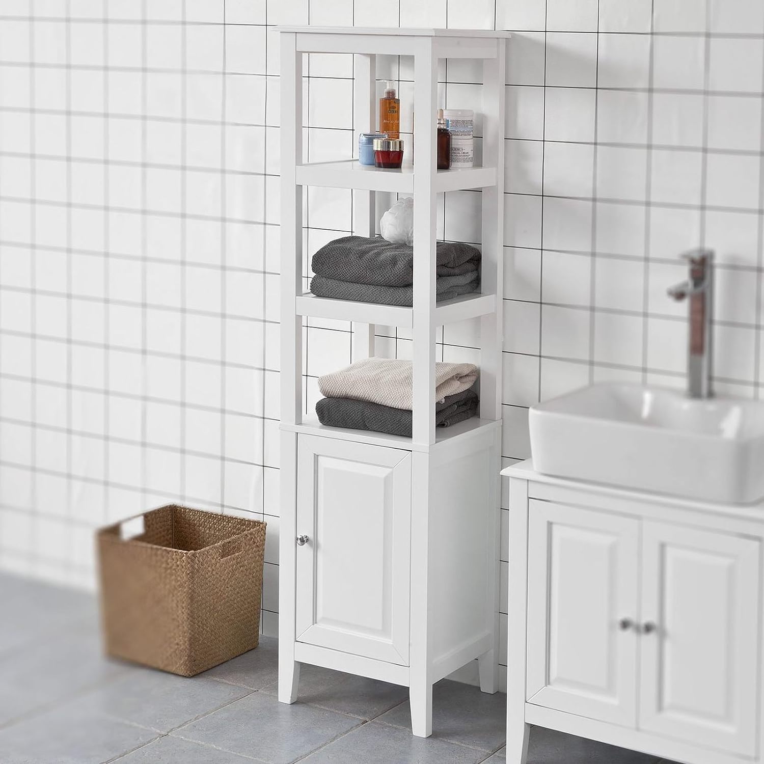 White floor to ceiling bathroom locker with 3 shelves and 1 door, linen tower bathroom cabinet with cabinets with shelves