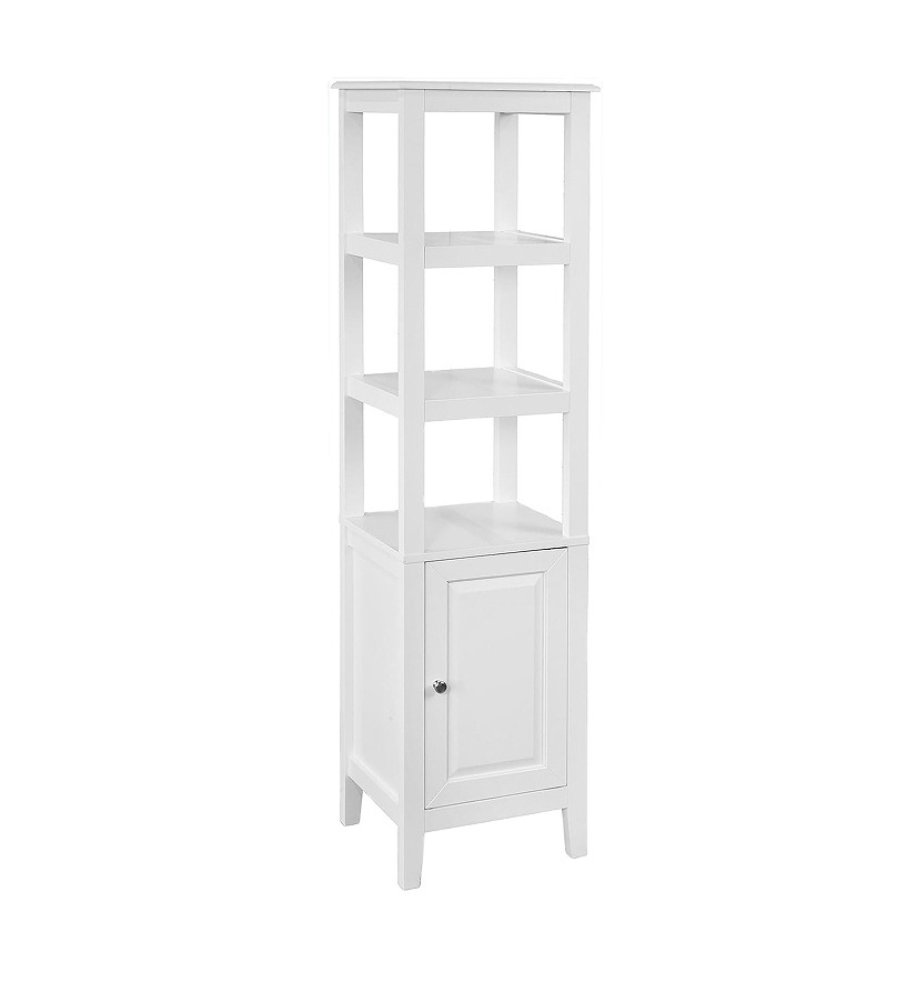 White floor to ceiling bathroom locker with 3 shelves and 1 door, linen tower bathroom cabinet with cabinets with shelves