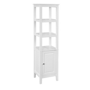 White floor to ceiling bathroom locker with 3 shelves and 1 door, linen tower bathroom cabinet with cabinets with shelves