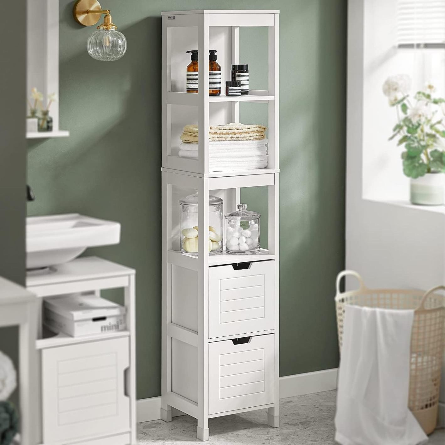 White floor to ceiling bathroom locker with shelves and doors, linen tower bathroom cabinet, cabinets with shelves