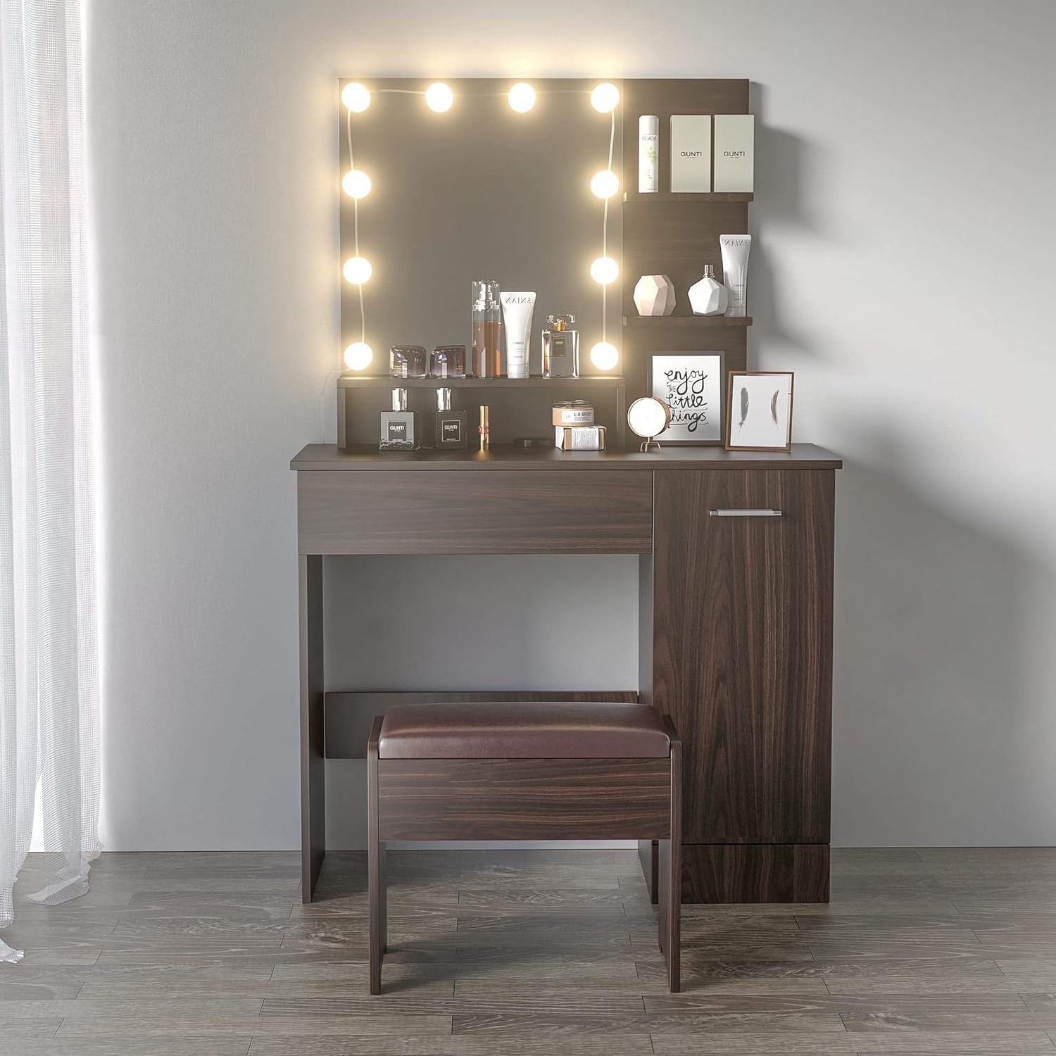 Black dresser with DIY mirror, dresser set with drawer and locker, dresser with buffer stool