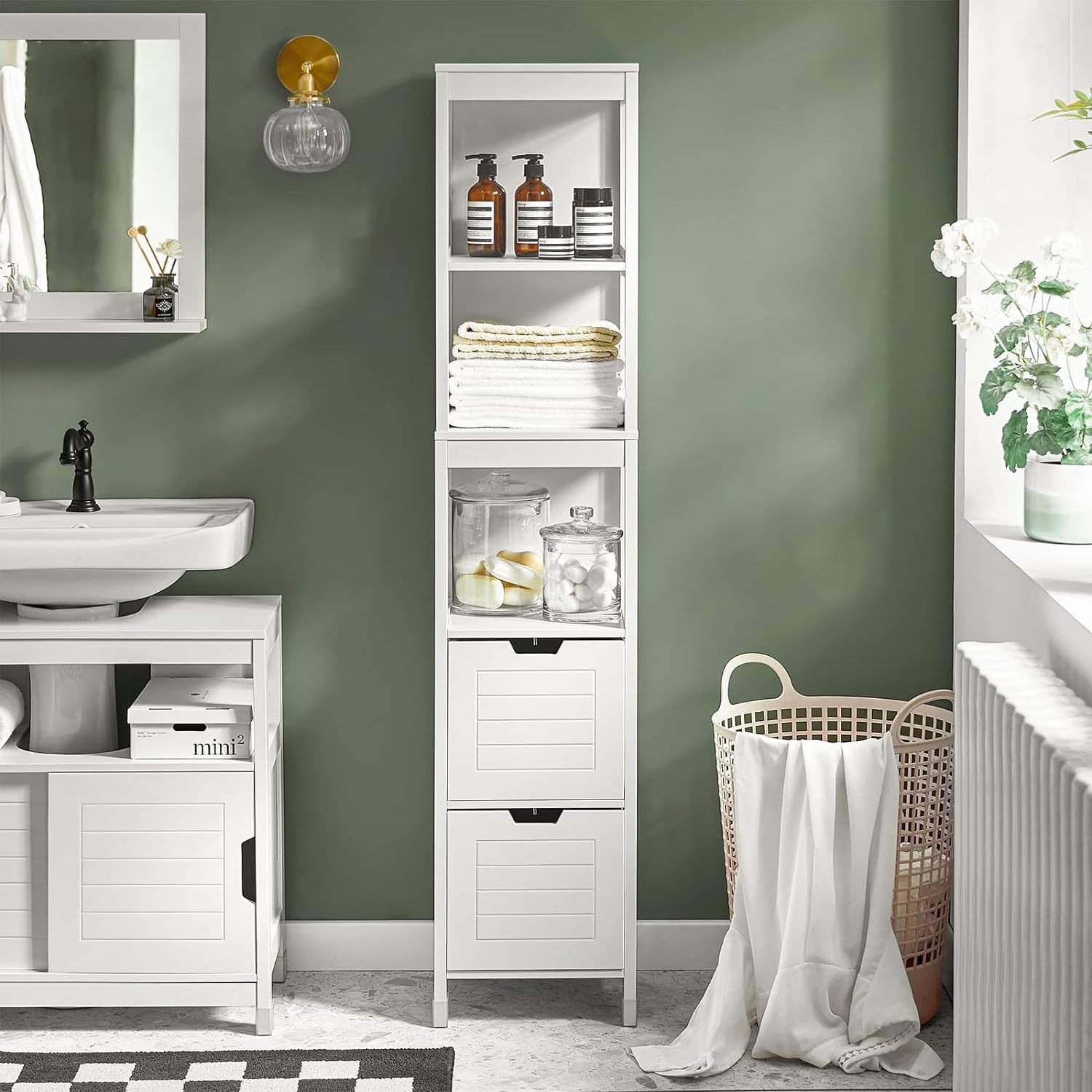 White floor to ceiling bathroom locker with shelves and doors, linen tower bathroom cabinet, cabinets with shelves