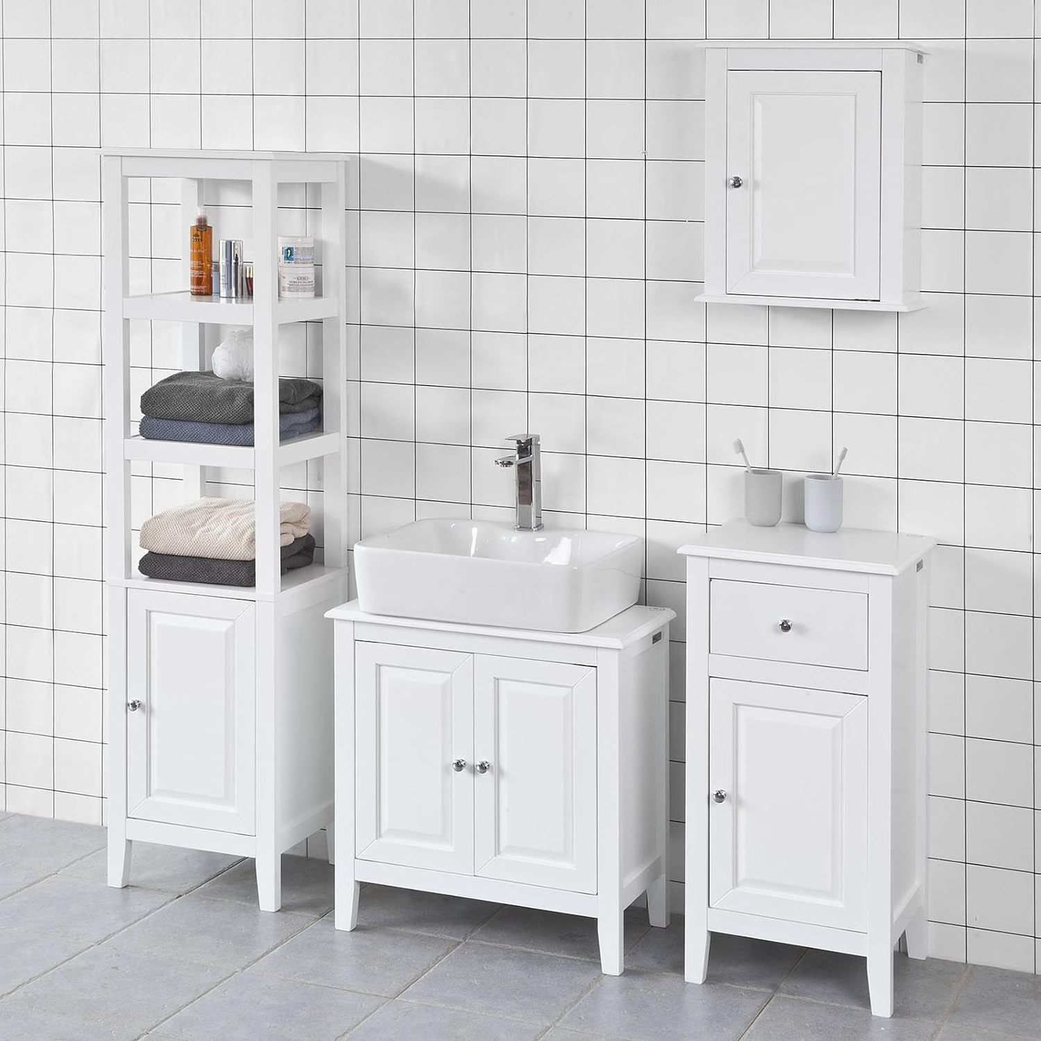 White floor to ceiling bathroom locker with 3 shelves and 1 door, linen tower bathroom cabinet with cabinets with shelves