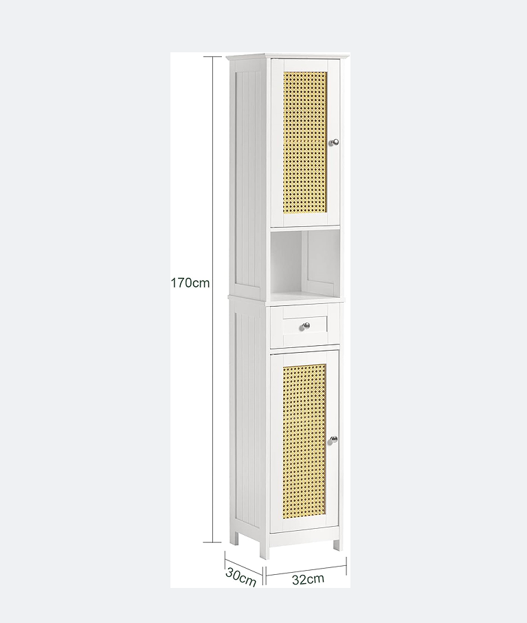 White tall bathroom cabinet with rattan door,drawers and storage compartments,linen tower bathroom cabinet,cabinets with shelves