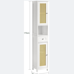 White tall bathroom cabinet with rattan door,drawers and storage compartments,linen tower bathroom cabinet,cabinets with shelves