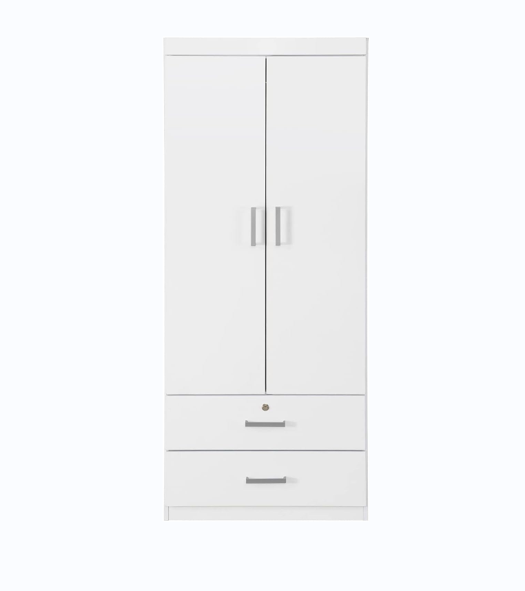 Furniture Closet 2 door lockers, adjustable shelves/hanging rods/drawers, modern minimalist wardrobe, bedroom, white