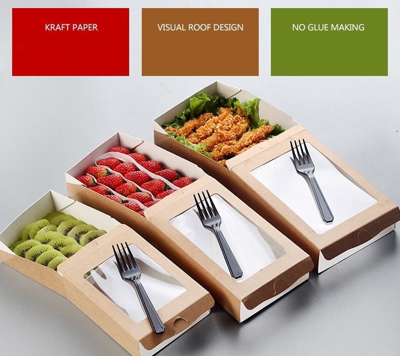 Custom disposable takeout food packaging  Kraft paper paperboard pull-out carton fruit salad box with logo transparent window