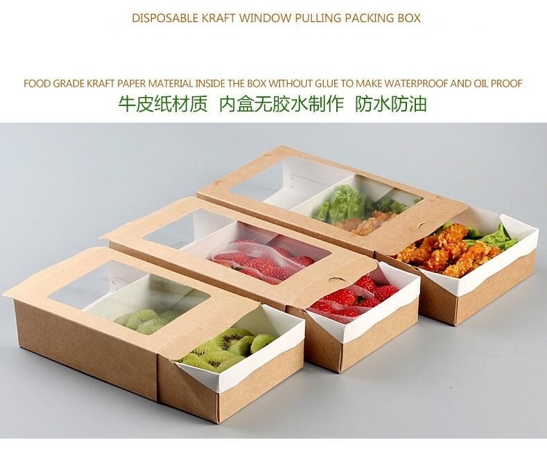 Custom disposable takeout food packaging  Kraft paper paperboard pull-out carton fruit salad box with logo transparent window