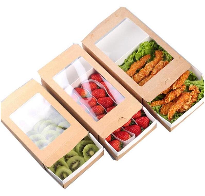 Custom disposable takeout food packaging  Kraft paper paperboard pull-out carton fruit salad box with logo transparent window