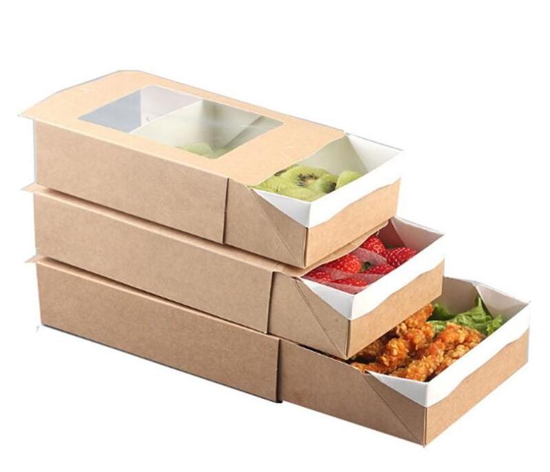 Custom disposable takeout food packaging  Kraft paper paperboard pull-out carton fruit salad box with logo transparent window