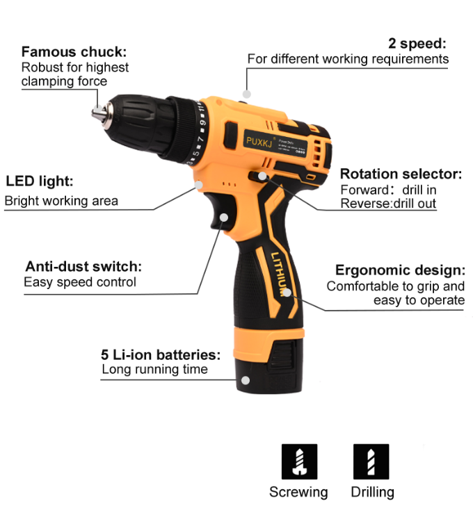 Electric  Cordless Lithium Battery Wireless Rechargeable Diy Brushed mini Power Drill Tools Power Craft 20v 18v Cordless Drill