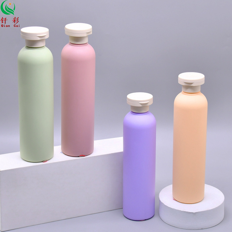 Hot selling plush material 250ml, 300ml round shoulder bottle shampoo plastic packaging empty bottle shower gel bottle body milk