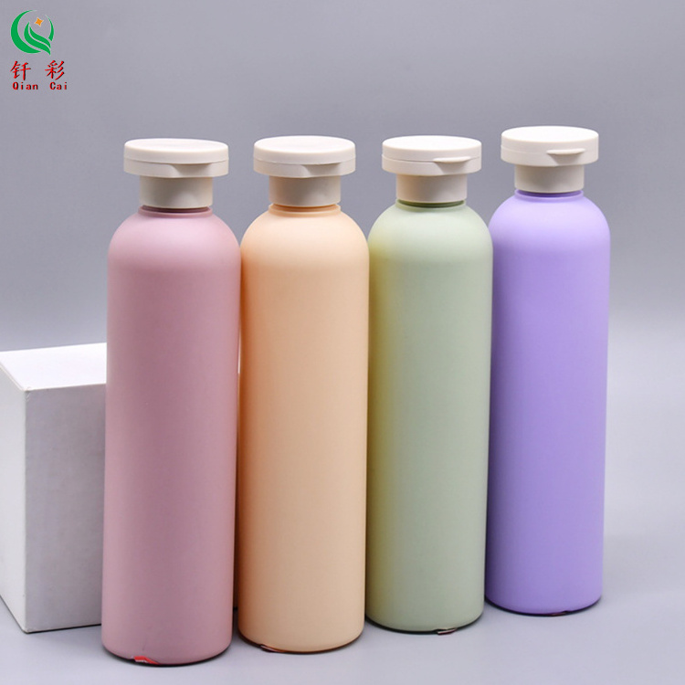 Hot selling plush material 250ml, 300ml round shoulder bottle shampoo plastic packaging empty bottle shower gel bottle body milk