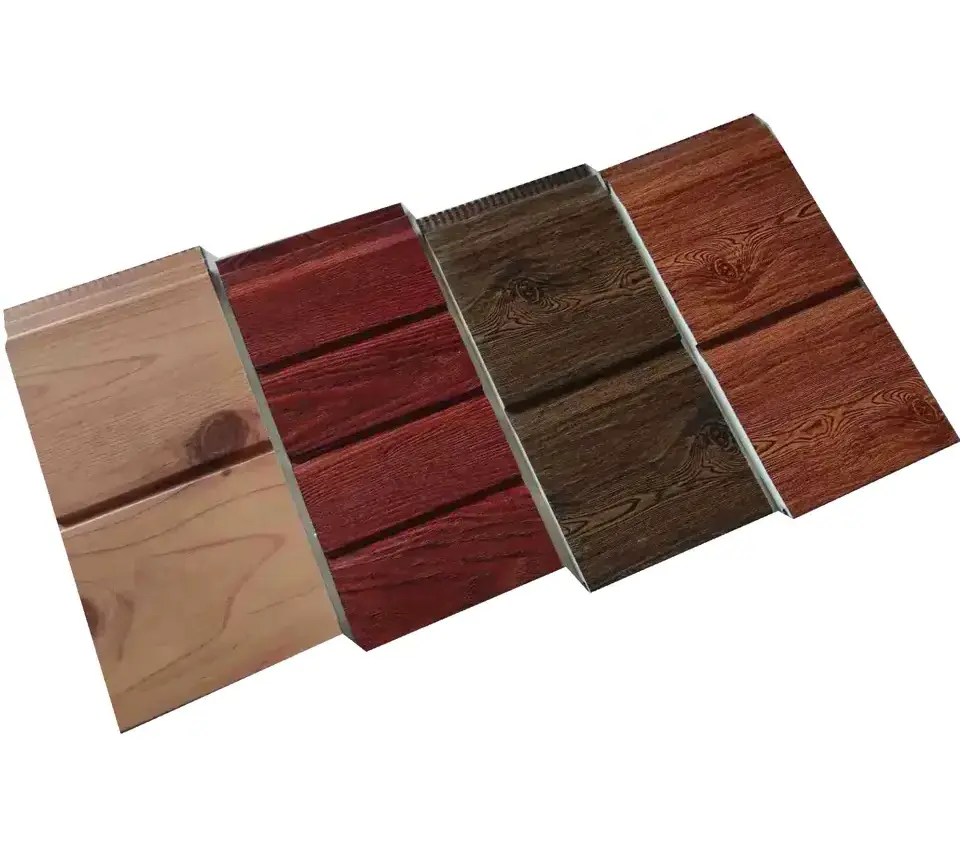 Factory direct sales PU faux wood wall panels fireproof polyurethane foam sandwich panels metal warehouses exterior wall panels