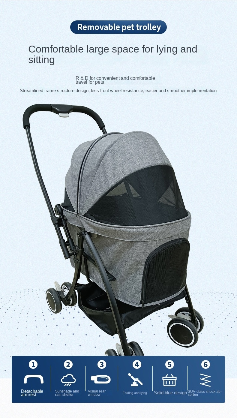 Wheeled Pet Carrier 4 Wheel Dog Stroller Foldable Travel Carriage Quick Installation Pet Stroller