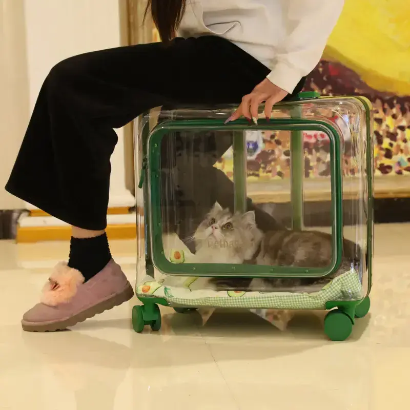 Relaxlines Pet Trolley Bag Portable Dog Transparent Box Suitcase Pet Carry Case Trolley Pet Cat Carrier With Wheels