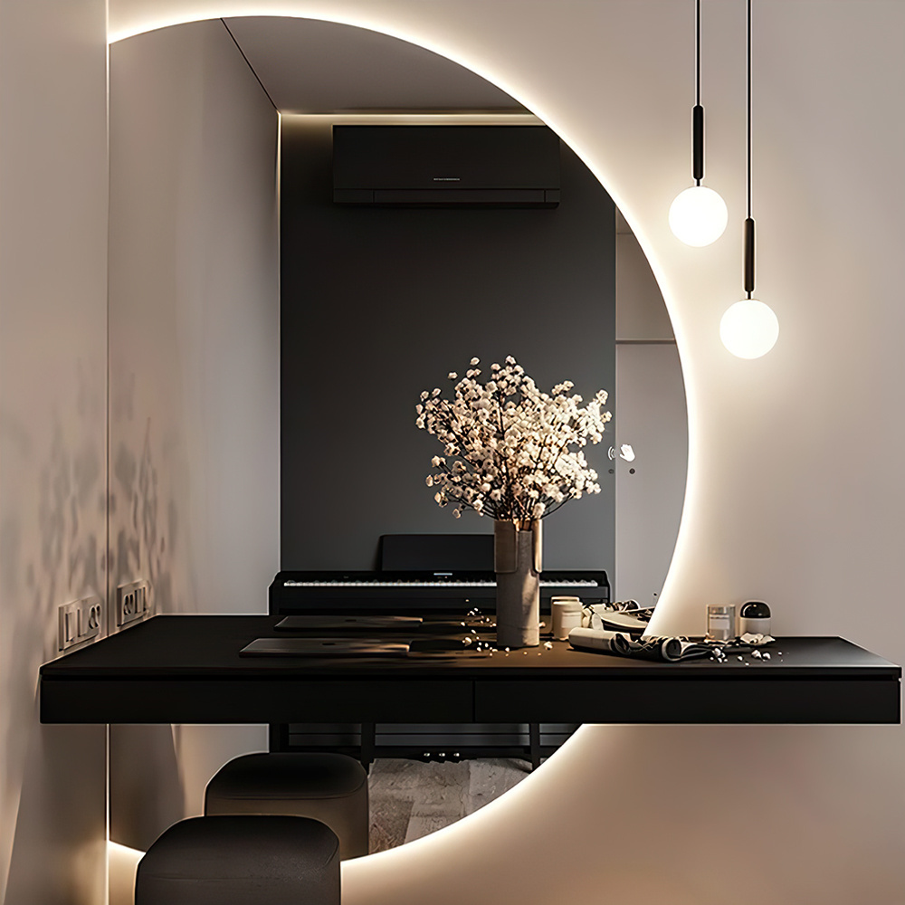 Rongchang Half Moon Bathroom Mirror LED Dressing Large Frameless Wall Backlit Mirror for Home Decor 3-Color Dimmable Light