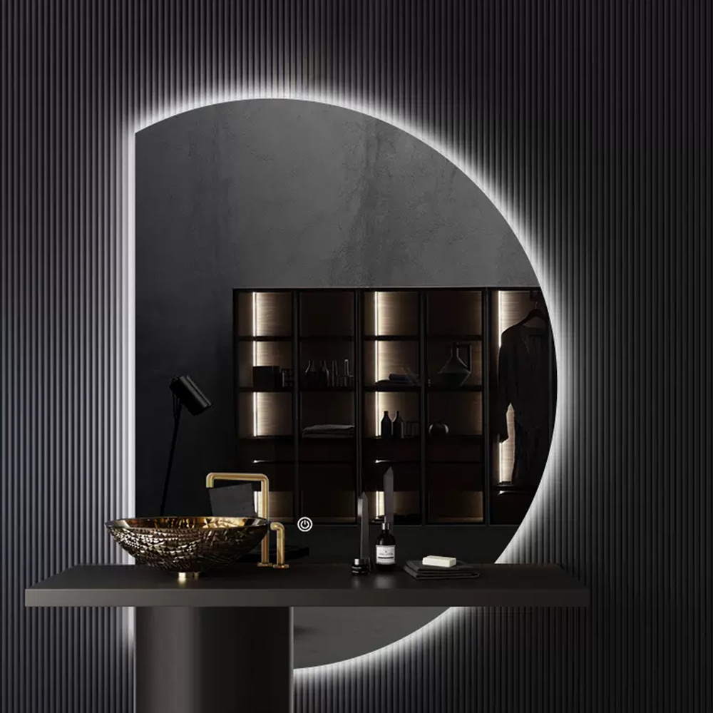 Rongchang Half Moon Bathroom Mirror LED Dressing Large Frameless Wall Backlit Mirror for Home Decor 3-Color Dimmable Light