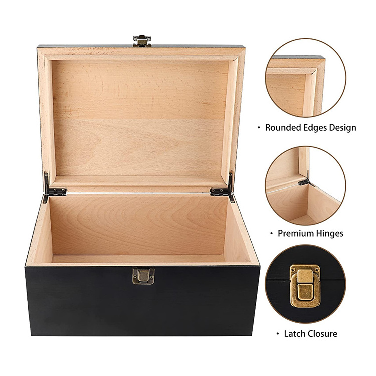 Black 10.6 X 7.8 X 5.1 Inches Wooden Keepsake Box Decorative Boxes with Hinged Lid Latch Closure Wood Stash Box with Matte