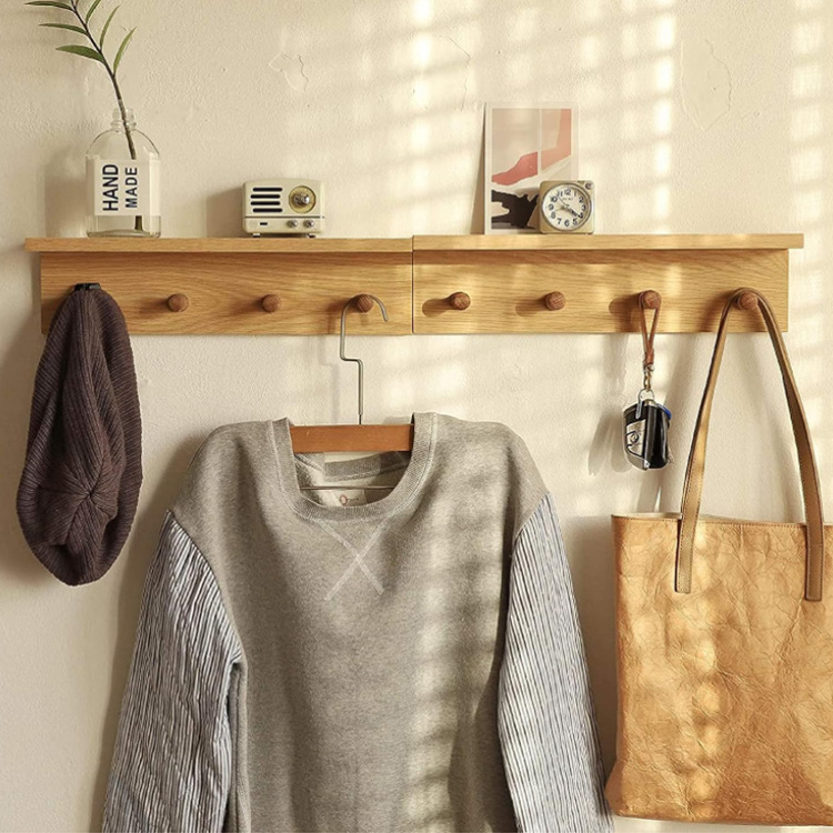 Solid Wooden Entrance Coat Rack with Coat Hooks Wall Mounted Wooden Hook Rack Wall Mounted Shelves For Your Entrance