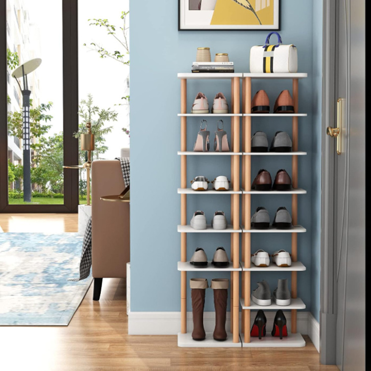 Customized 8 Tiers Vertical Shoe Rack Narrow Organizer Stylish Wooden Shoe Storage Stand Space Saving Shelf Tower