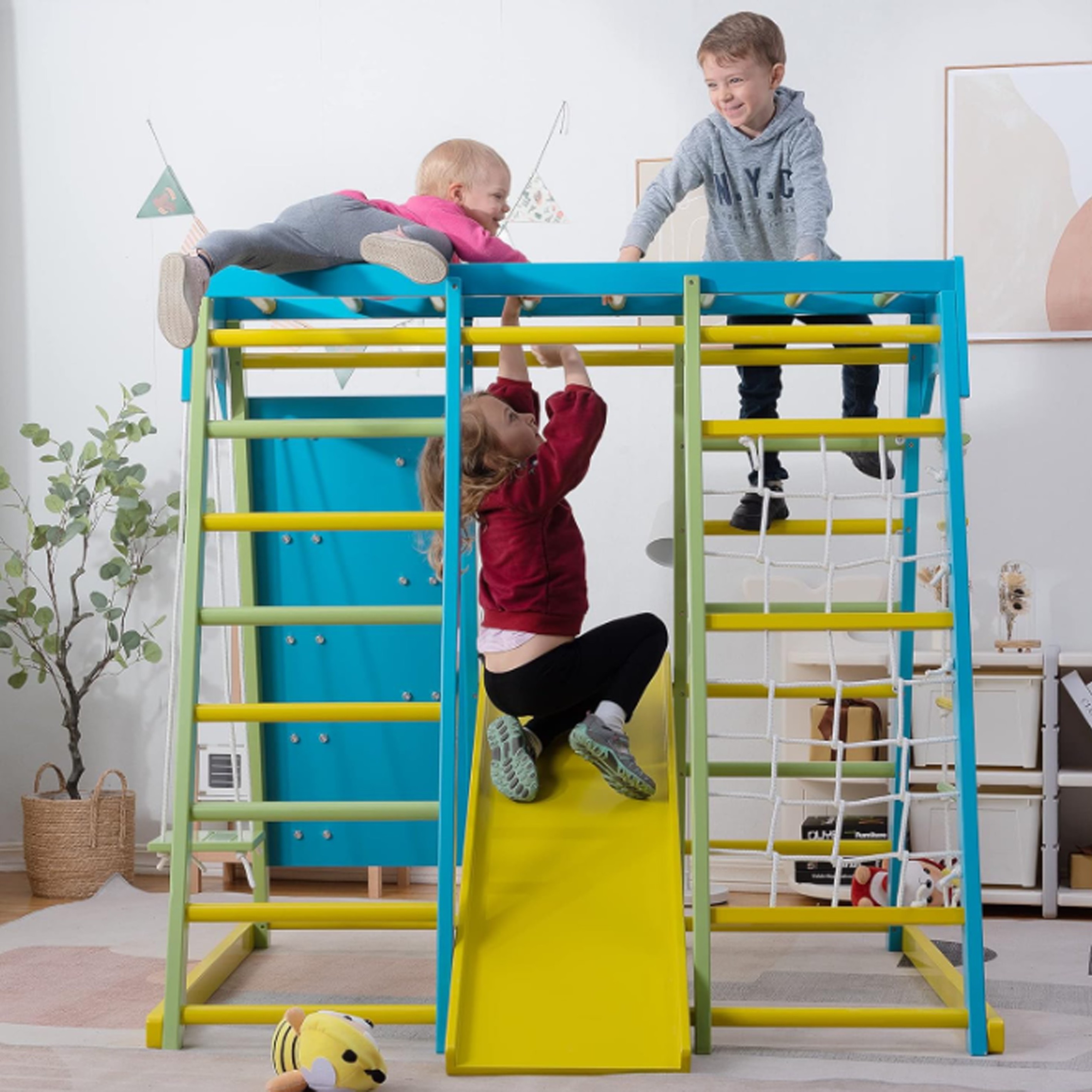 Indoor Playground Climbing Toys with Slide Climbing Wall Rope Wall Climber Monkey Bars Swing