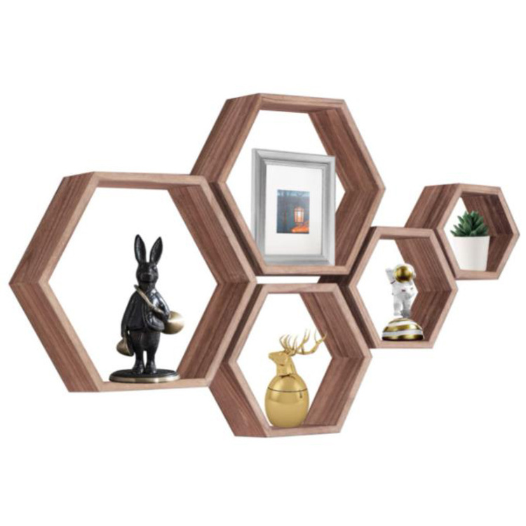 Carbonized Black Hexagon Floating Shelves Wall Mounted Wood Farmhouse Storage Honeycomb Wall Shelf for Home Room