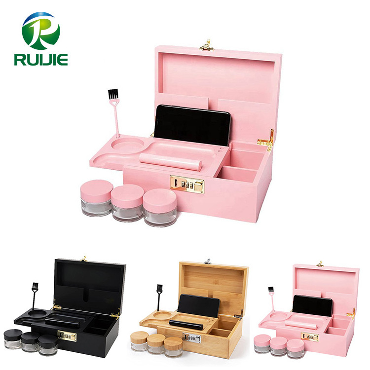 Custom Logo Modern Design Secret Locking Smell Proof Wooden Pink Stash Box With Rolling Tray Smoking Accessories Lock Wholesale