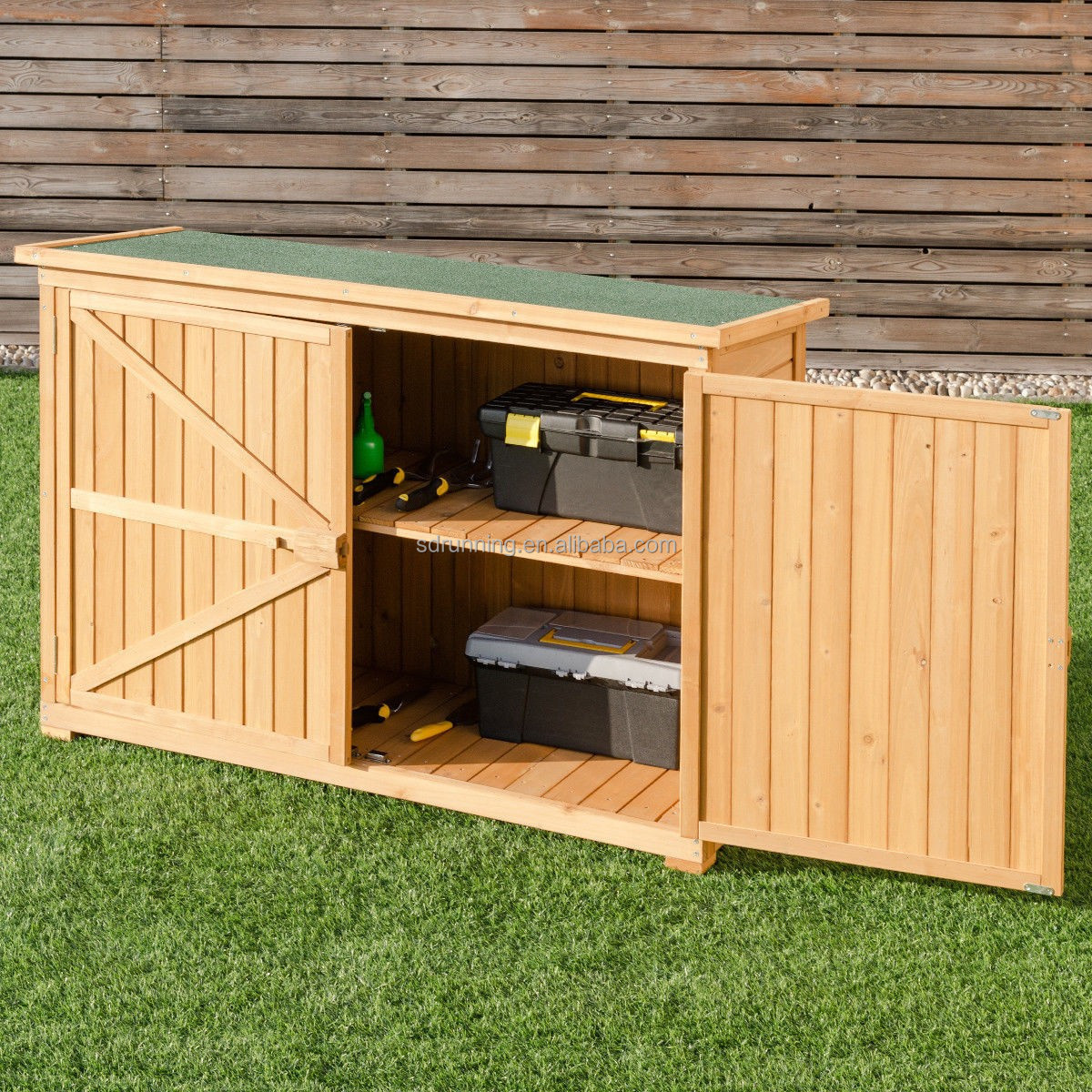 Double Doors Fir Wood Garden Yard Outdoor Storage Cabinet Tool Storage Shed