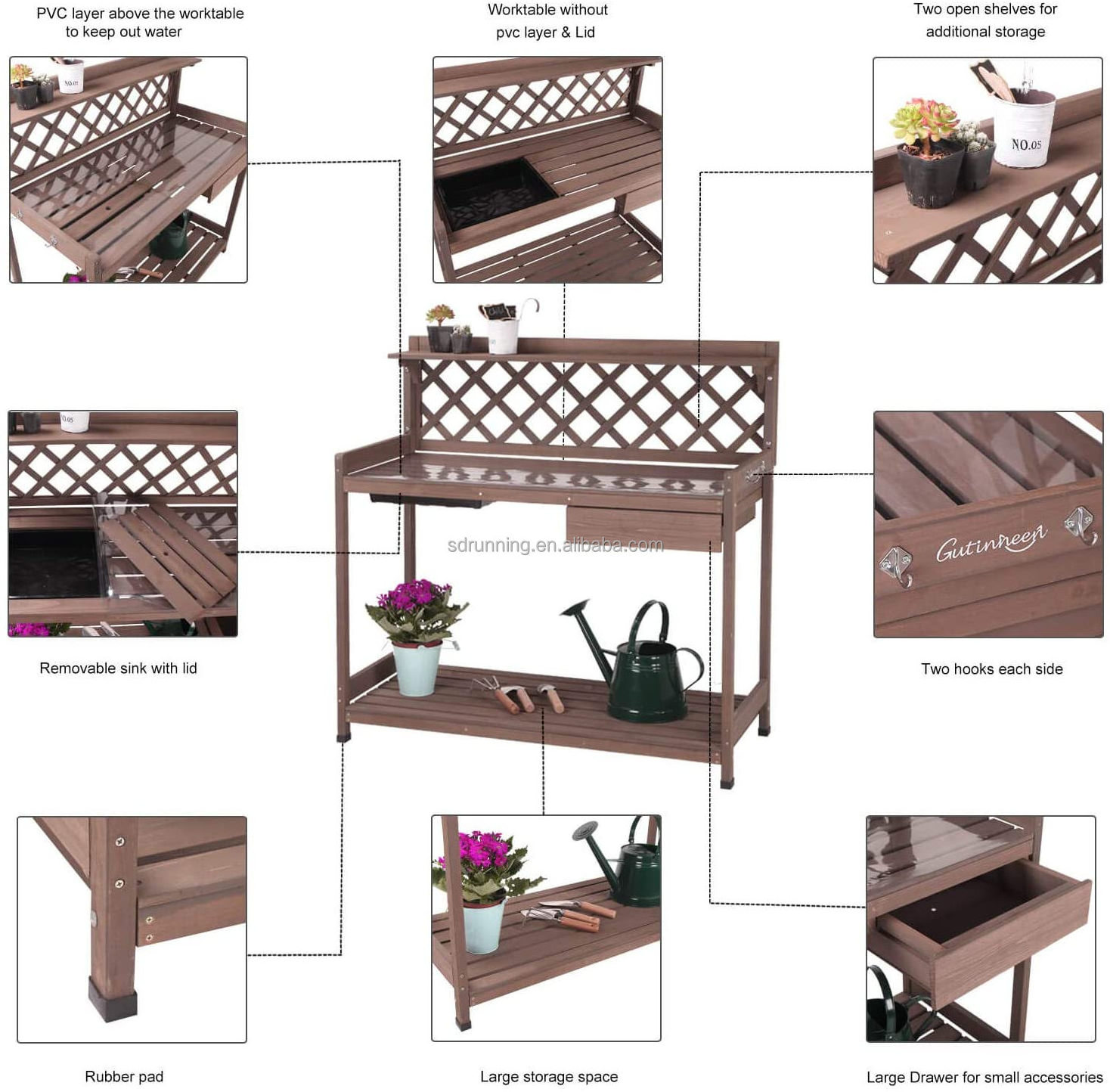 Potting Bench with PVC Layer, Sink, Lid, Gardening Work Bench Wooden Planting Table Outdoor with Storage, Drawer, Shelf, Hook