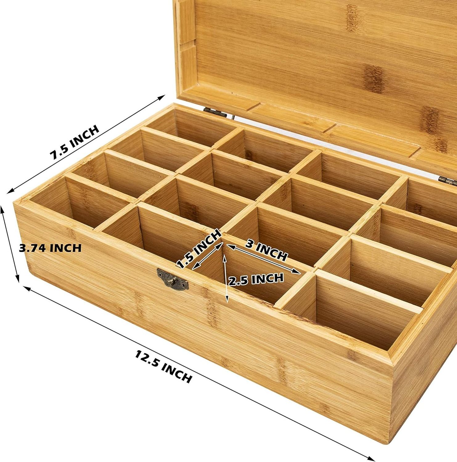 Wholesale bamboo wooden Tea Box 16 Compartments Tea Storage Box wooden Organizer Box With Latching Lid