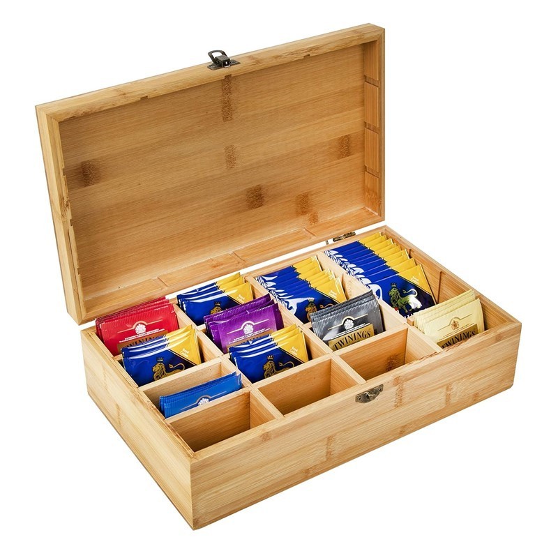 Wholesale bamboo wooden Tea Box 16 Compartments Tea Storage Box wooden Organizer Box With Latching Lid