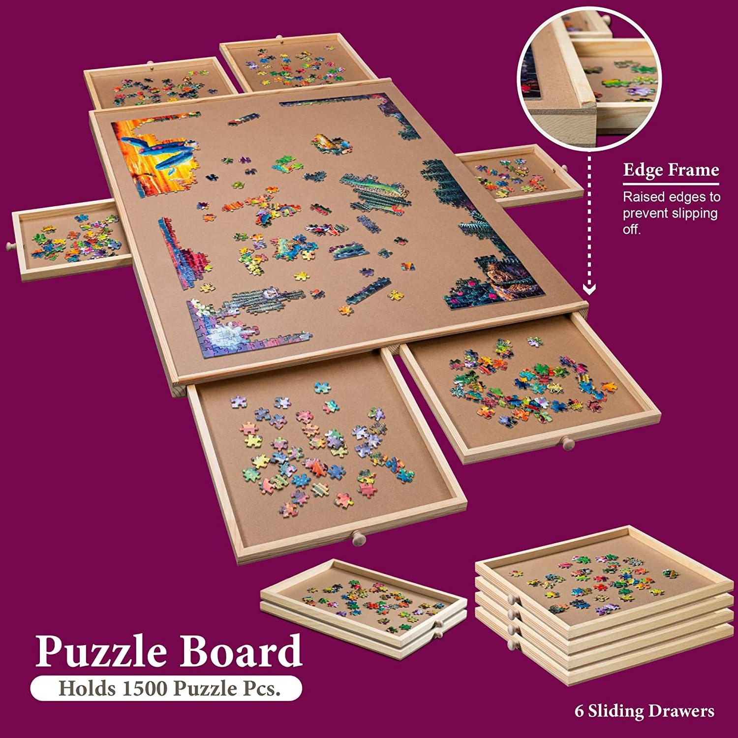 Portable Wooden Puzzle  Board Jigsaw Table With 6 Drawers