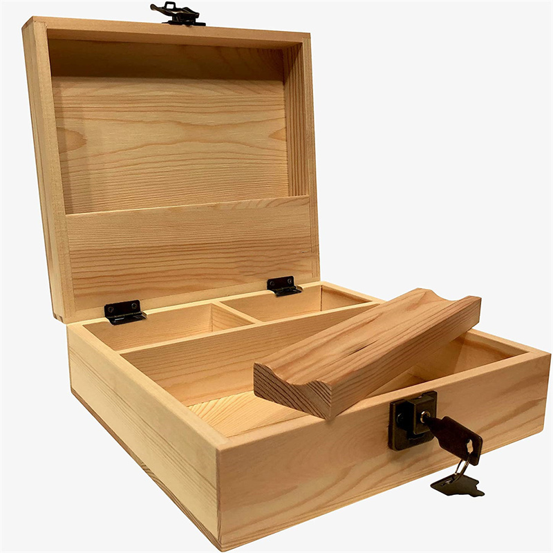 custom Locking Stash Box With Rolling Tray Wood Storage Box With Metal Lock (unfinished color)