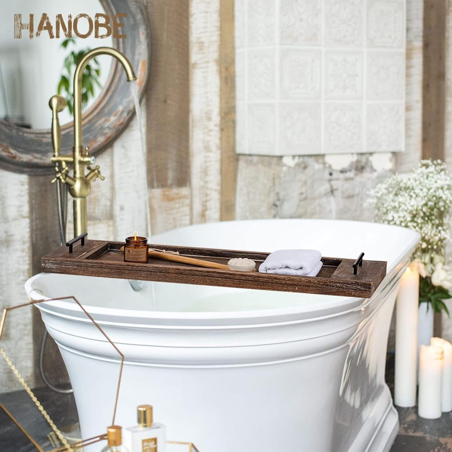 Wood Tub Trays Table Extra Large Rustic Bathtub Shelf Across Tub Wooden Serving Tray with Handles for Bathroom