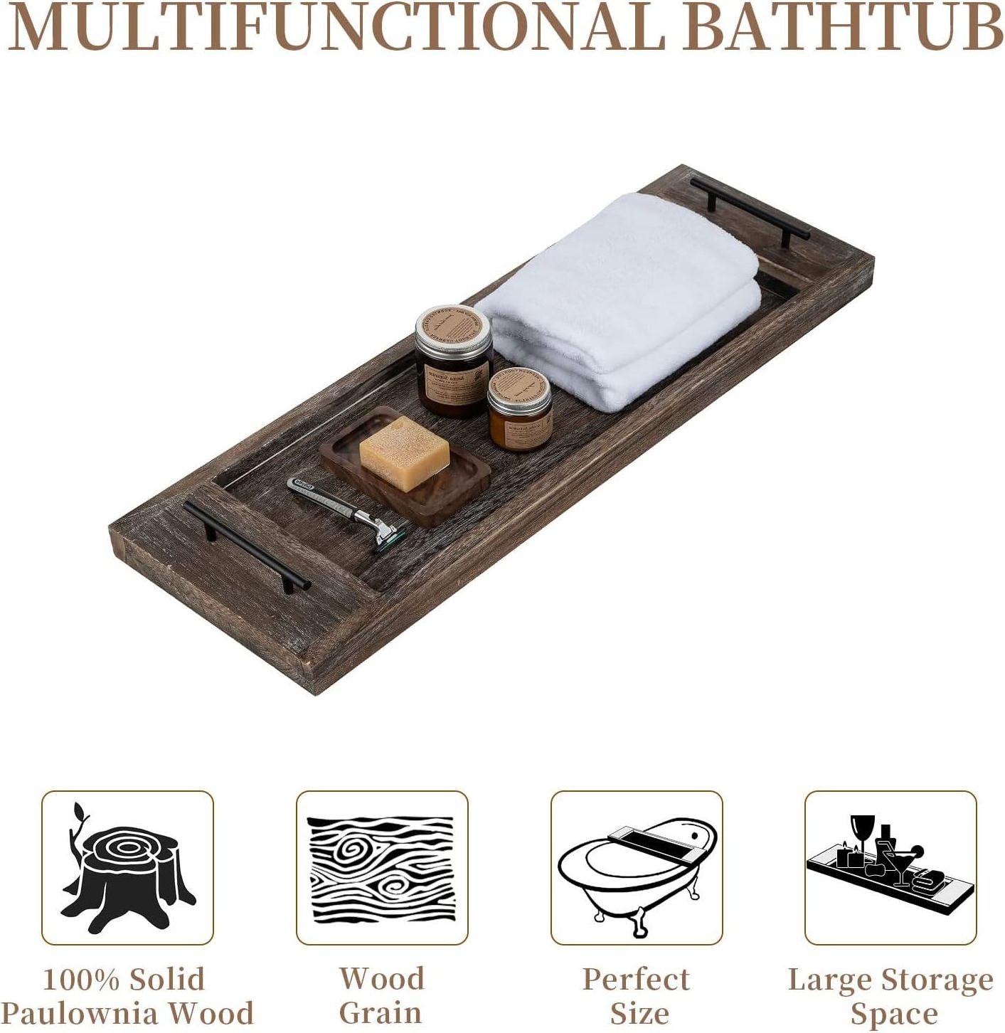 Wood Tub Trays Table Extra Large Rustic Bathtub Shelf Across Tub Wooden Serving Tray with Handles for Bathroom