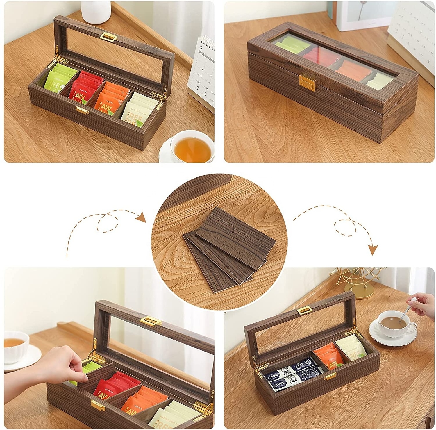 Luxury wood tea set storage boxes organizer wooden tea bag box