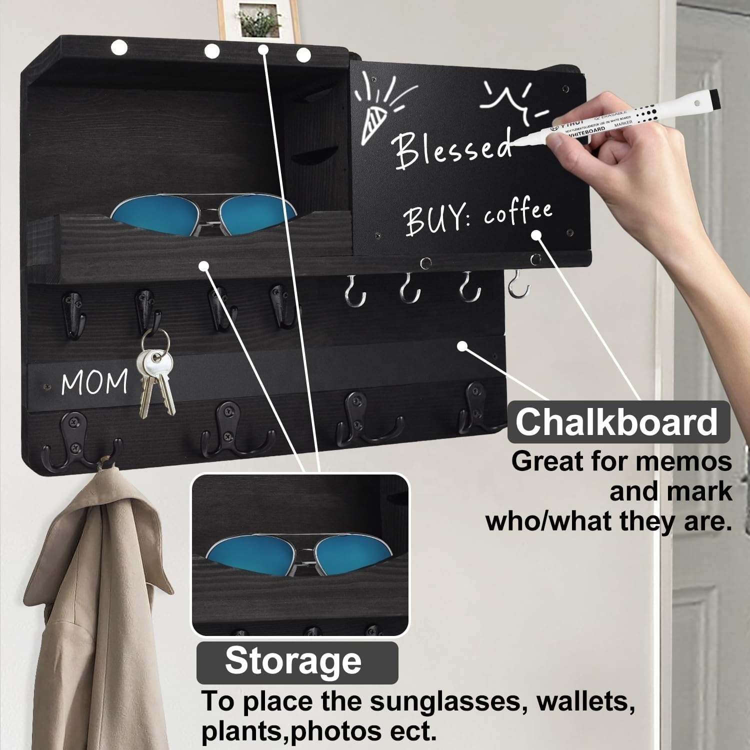 Spray paints storage racks living room wallet key holder rack home decoration shelving black wooden wall shelf