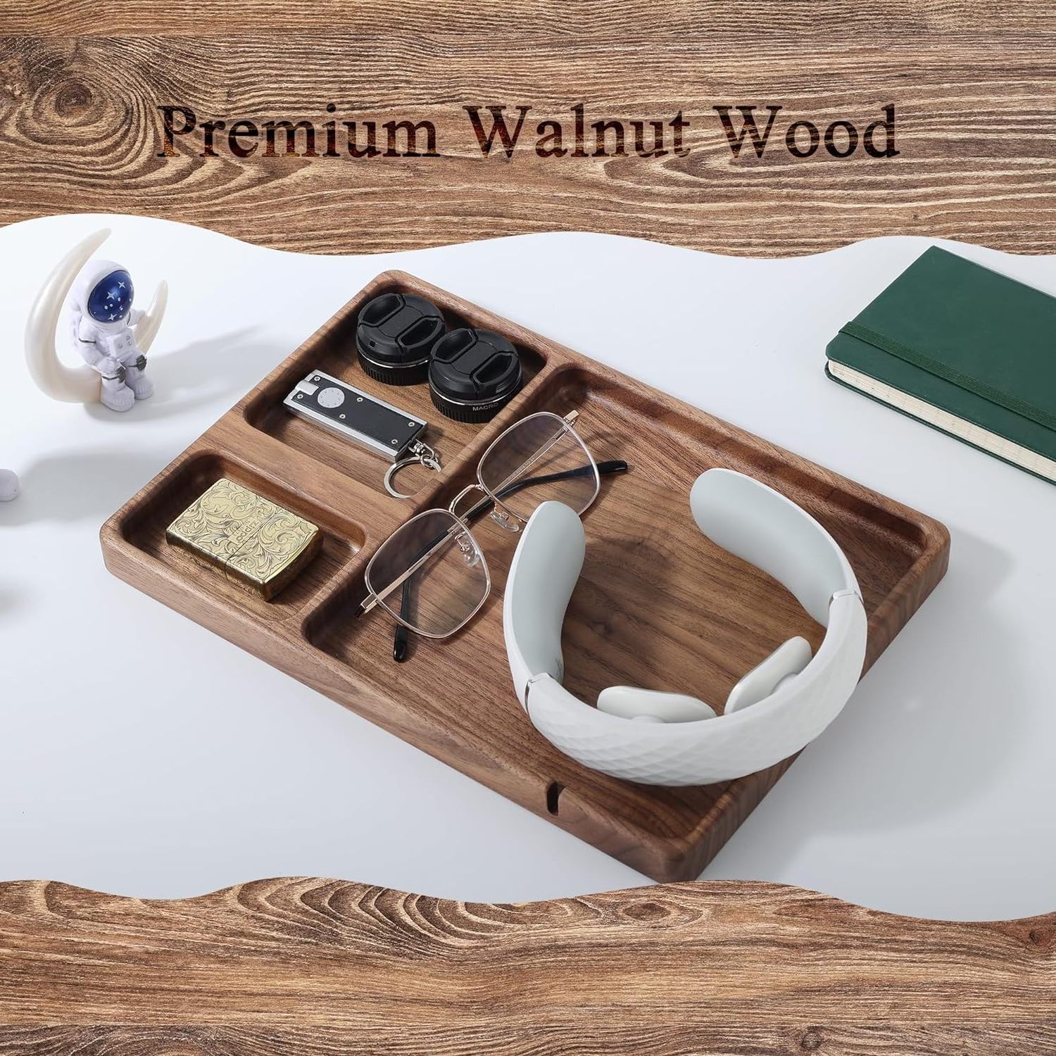 Custom Luxury Wooden Valet Tray Nightstand Organizer EDC Wood Tray for Men Walnut Wood Catchall Tray for Phone and Watch