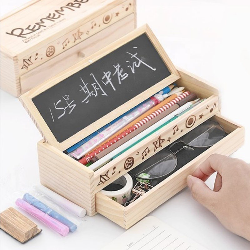 Multi Functional Back To School Bamboo Pencil Box Double Layer Kids Wooden Pen Box