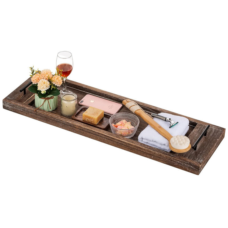 Wood Tub Trays Table Extra Large Rustic Bathtub Shelf Across Tub Wooden Serving Tray with Handles for Bathroom