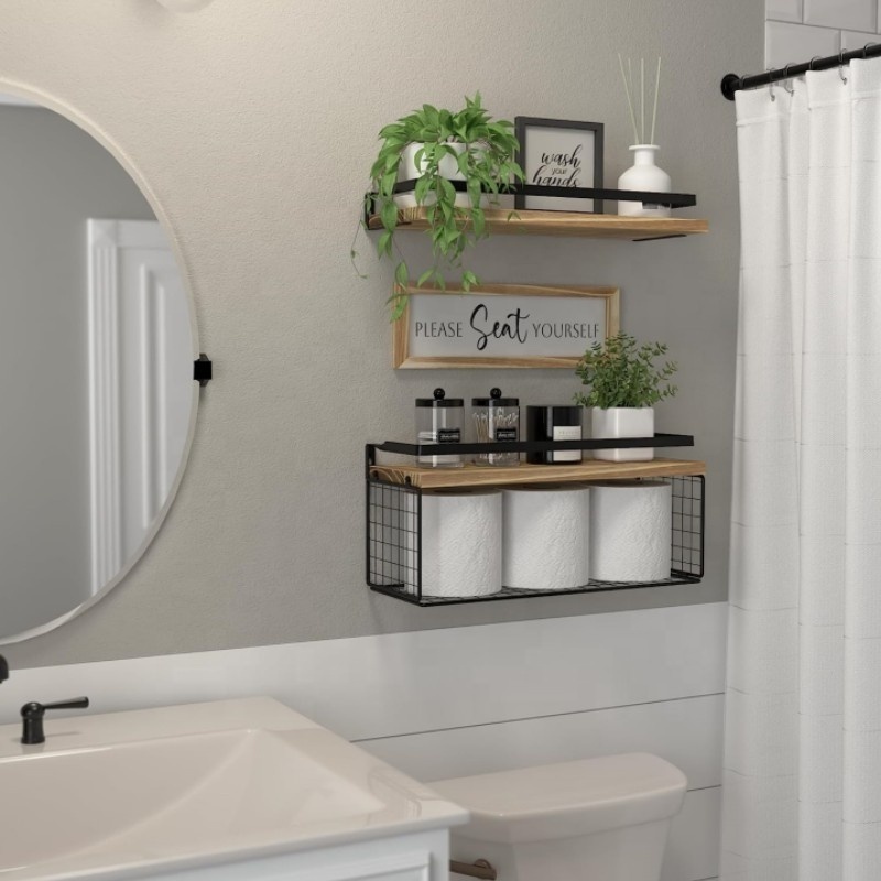 Floating Shelves with Storage Basket Bathroom Shelves Over Toilet Paper Holder Storage Shelves Wall Mounted Rustic