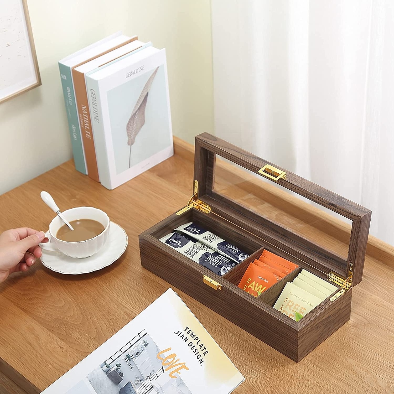 Luxury wood tea set storage boxes organizer wooden tea bag box