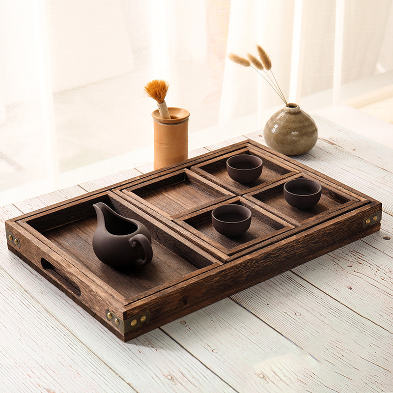 Set of 7 Rustic Wooden Serving Trays with Handle Decorative Serving Food Nesting Wood Multipurpose Trays