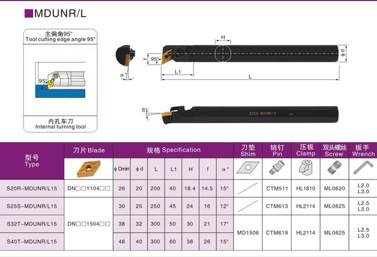 cnc turning tool 95 degree internal turning tool holder S20R/S25S/S32T/S40T-MDUNR/L15 tungsten carbide cutting tools