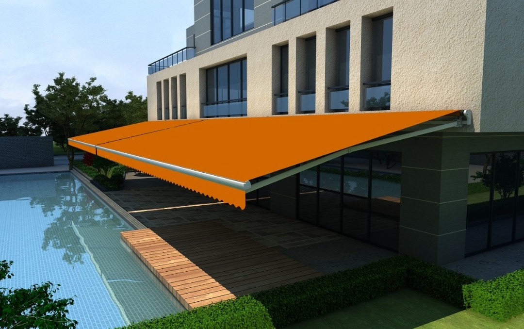 Double chain folded  arm electric retractable  awnings supplier  5m Projection  awning canopy