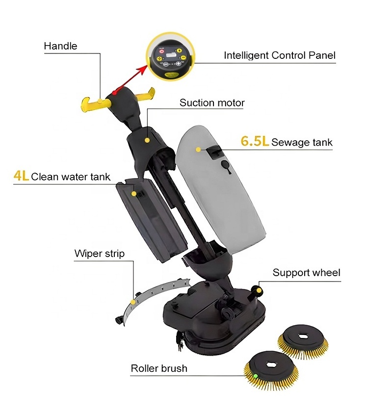 OEM dual brush electric 360 spin floor cleaning scrubbing machine battery powered commercial hand push foldable floor scrubber