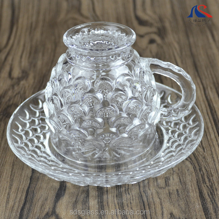 Wholesale Fashionable Fish Scales Crystal mug 12PCS Glass Coffee Tea Cup and Saucer Set Mocha Cups With Handle Copas De Te Cafe