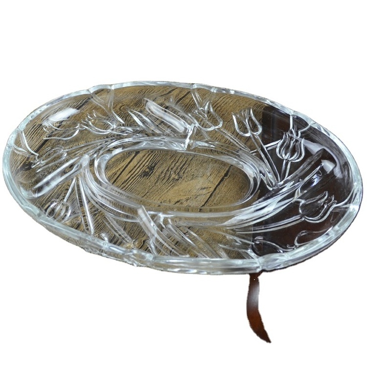 Oval Shape Engraved Tulips Design Clear Glass Plate For Fruits Candy Nuts Glass Factory Bulk Food Tray For Dumplings KTV Plato